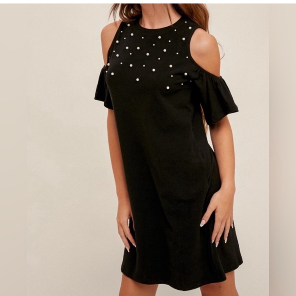 Hem & Thread Black Cold Shoulder Dress with Pearl Accents